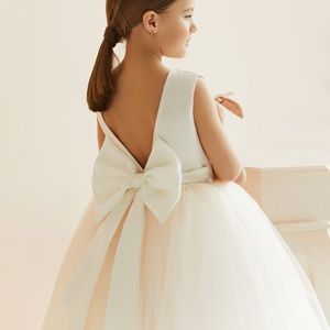 Satin flower girl dress with glitter soft pink tulle